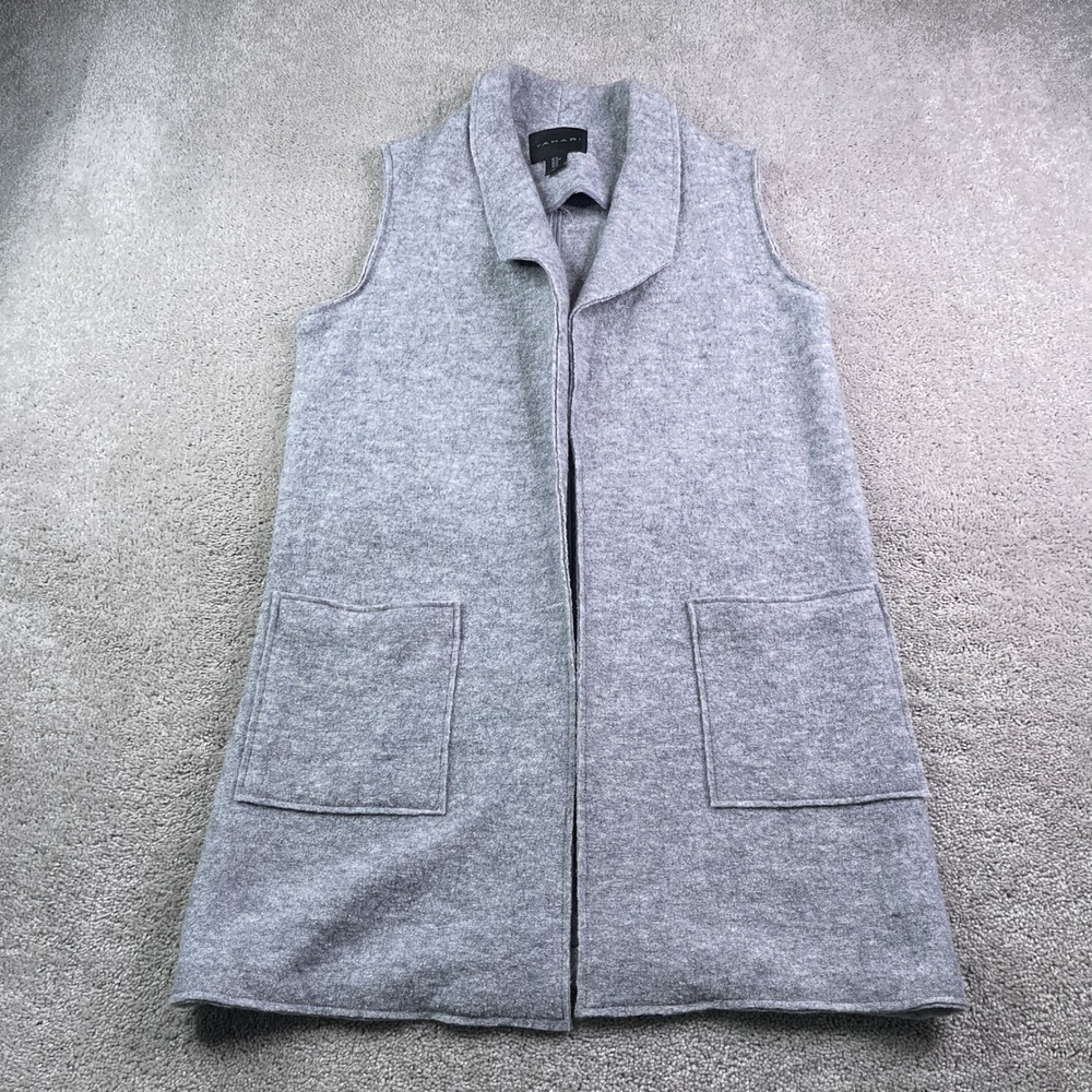 Tahari‎ Vest Women Medium Gray Wool Blend Boucle Longline Shawl Open Front